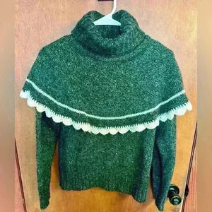 Vintage Wool Blend Knit Bib Yolk Turtleneck Pullover Sweater Size Small Grey